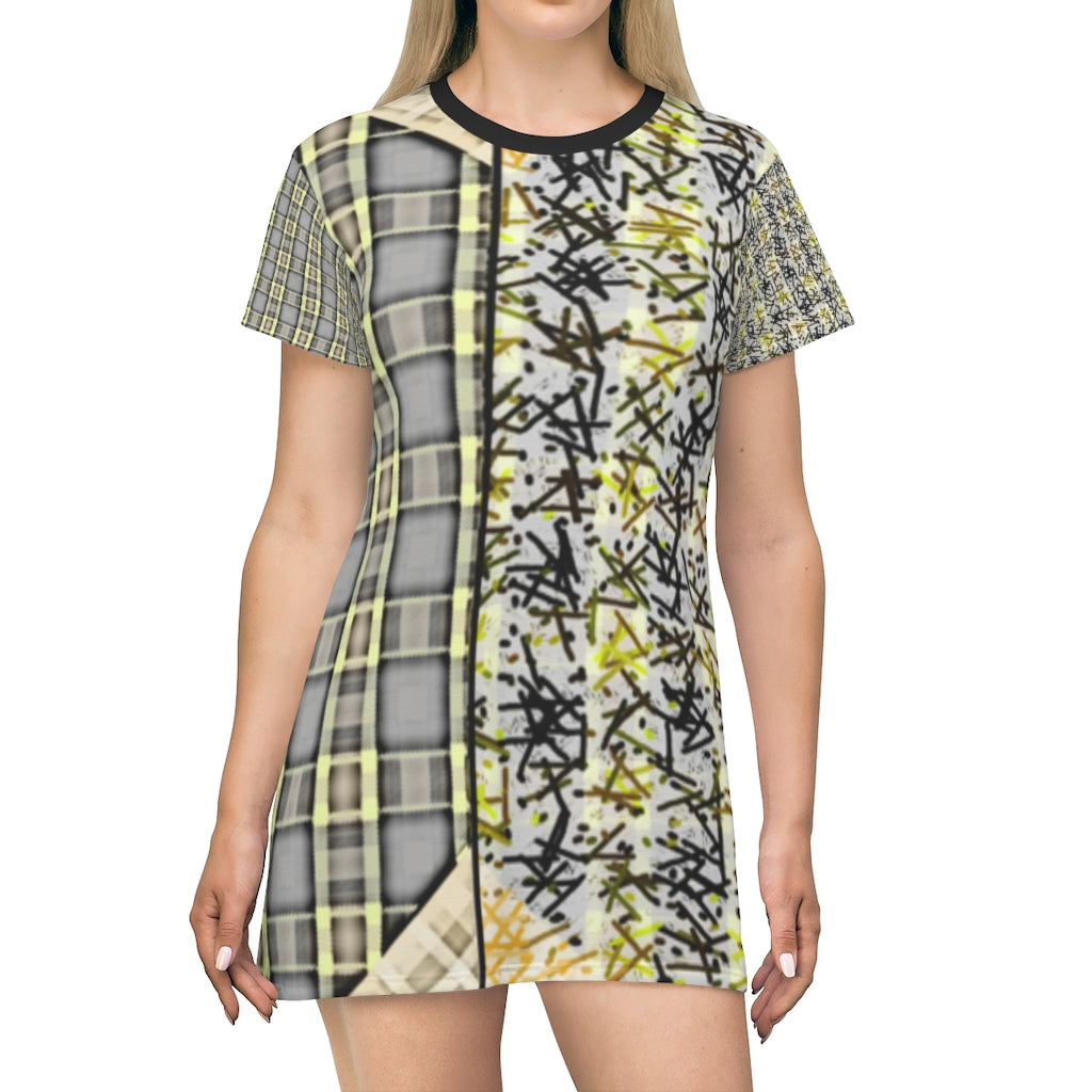 Patchwork Plad All Over Print T-Shirt Dress