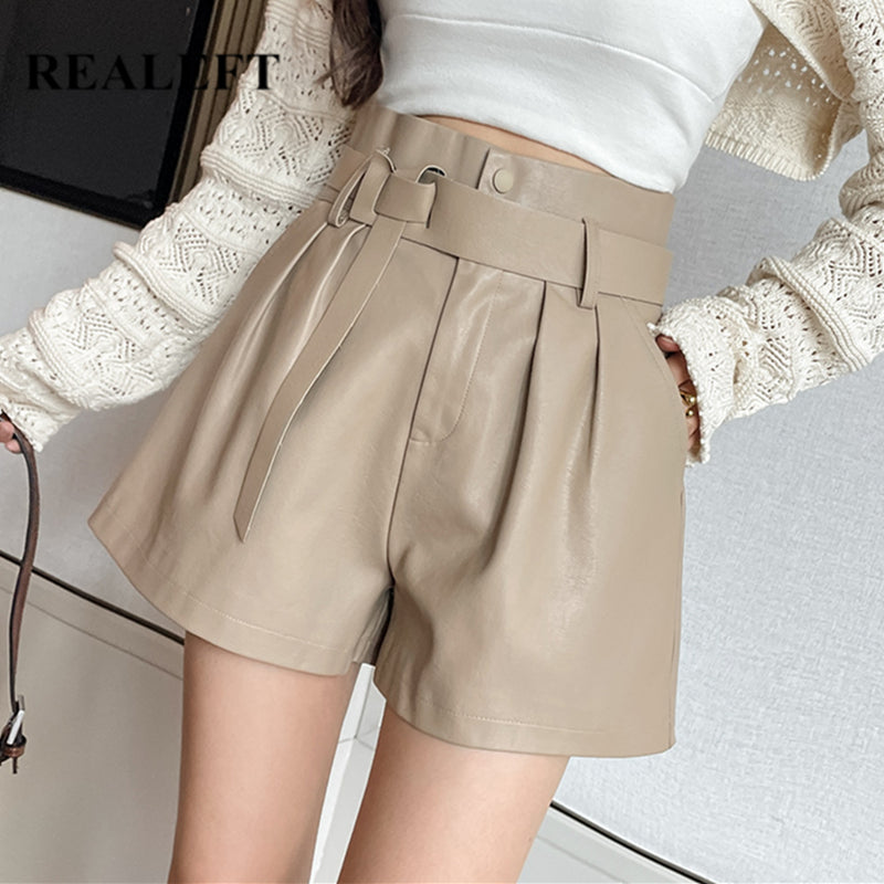 REALEFT  Faux PU Leather Shorts